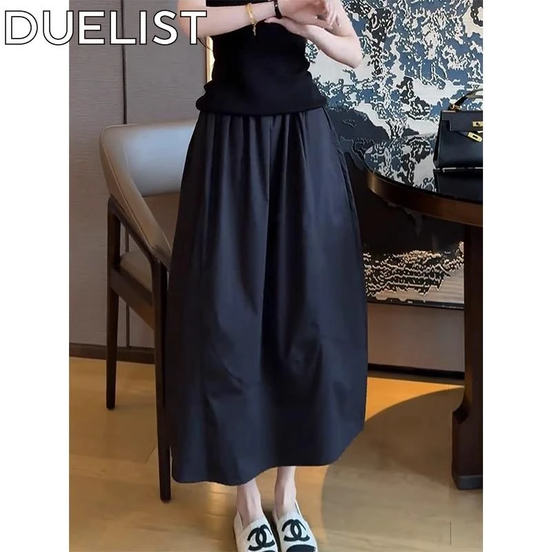 DUELIST美式简约黑色高腰松紧褶皱垂感休闲半身裙新款宽松中长裙