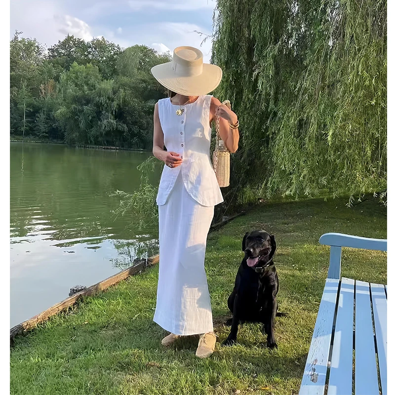 法式松弛感亚麻马甲套装女夏小众老钱度假风西装棉麻半身裙两件套