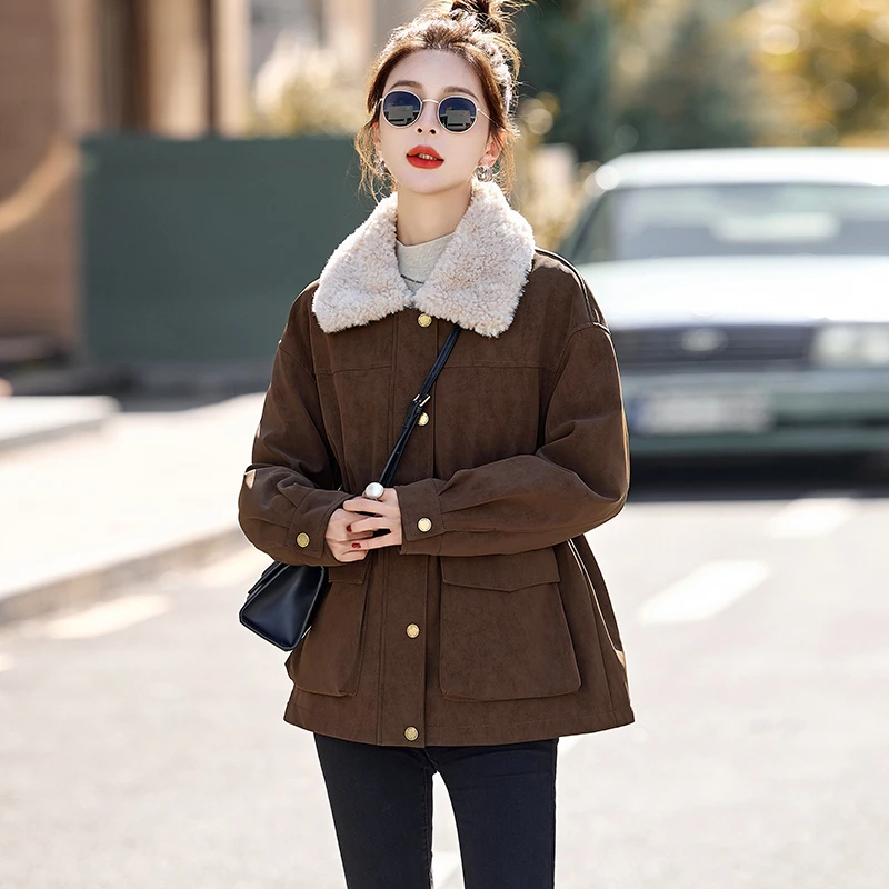 派克羽绒服女中长款2024冬新款超好看韩系翻领收腰鹿皮绒工装外套