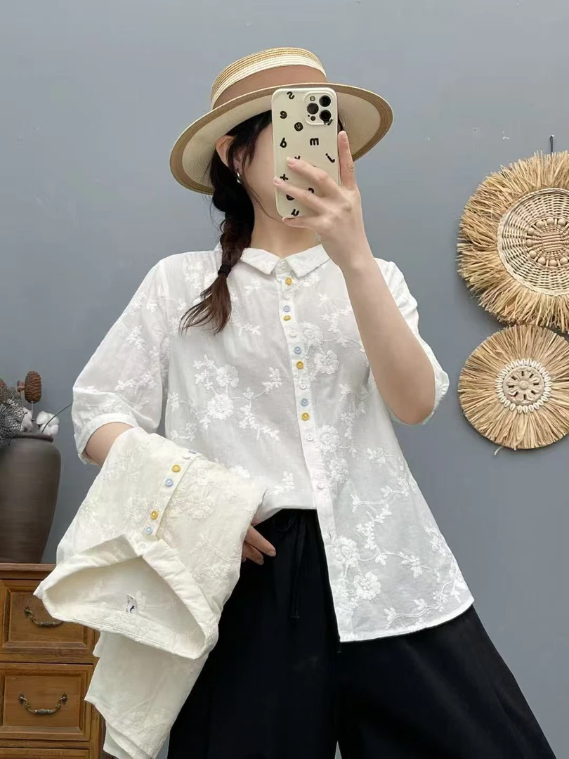 【小版微宽松】夏季彩扣新中式刺绣国风衬衫女复古上衣休闲纯色百搭