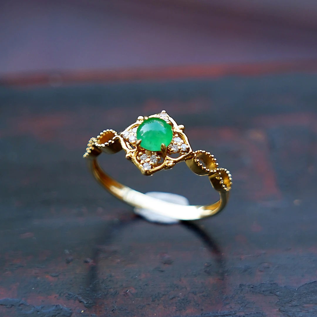 【小满】老坑冰种满辣绿翡翠戒指 18K金镶设计简约蛋面戒指