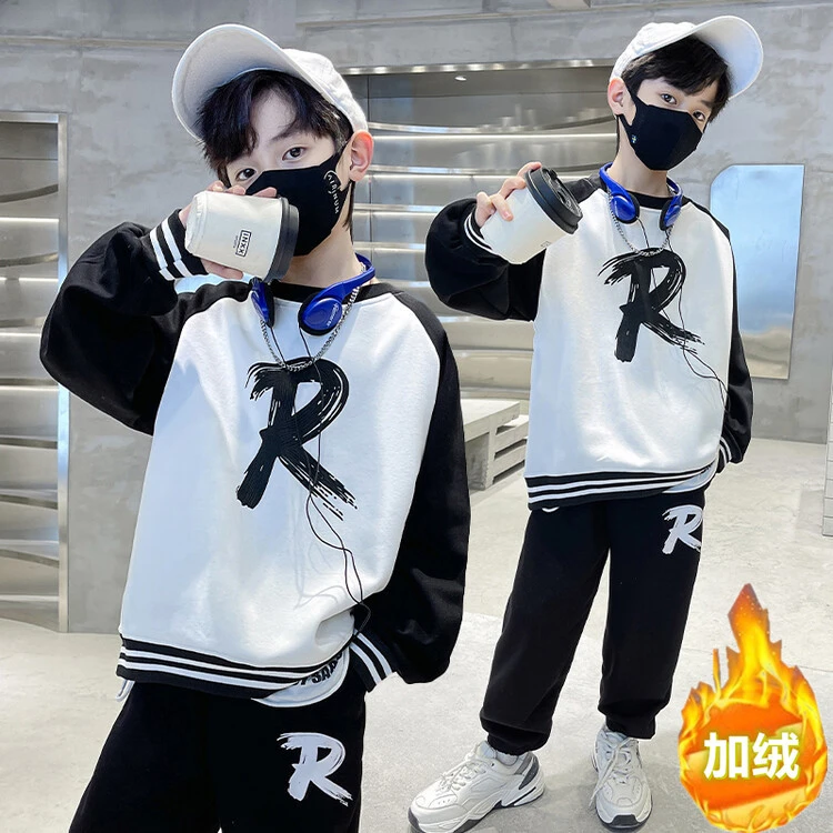 儿童秋冬季男童运动印花长袖套装男童加绒宽松保暖卫衣休闲外套