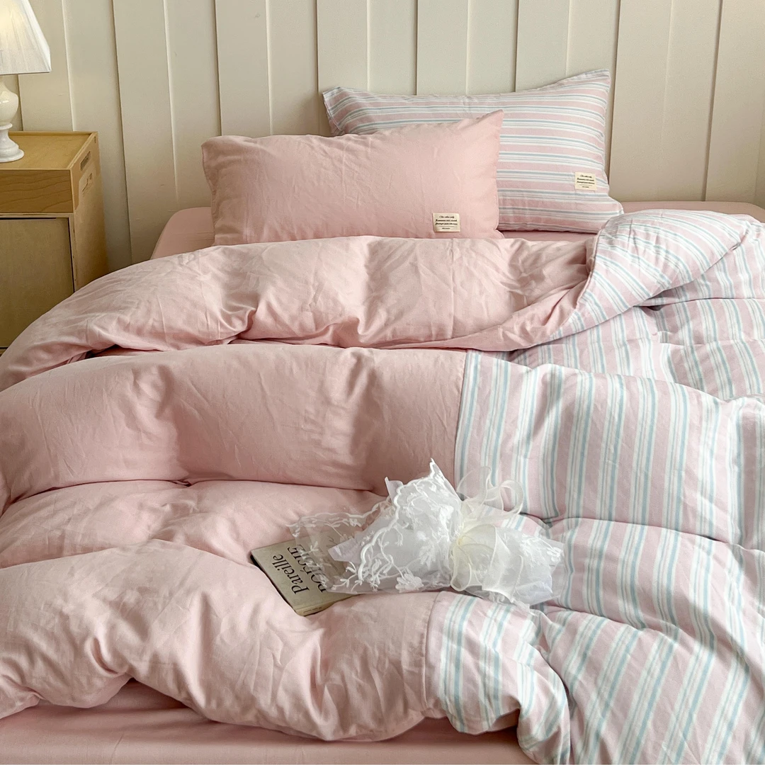 适禾家2025新款全棉简约拼色双层纱拼接款小清新床上床单四件套