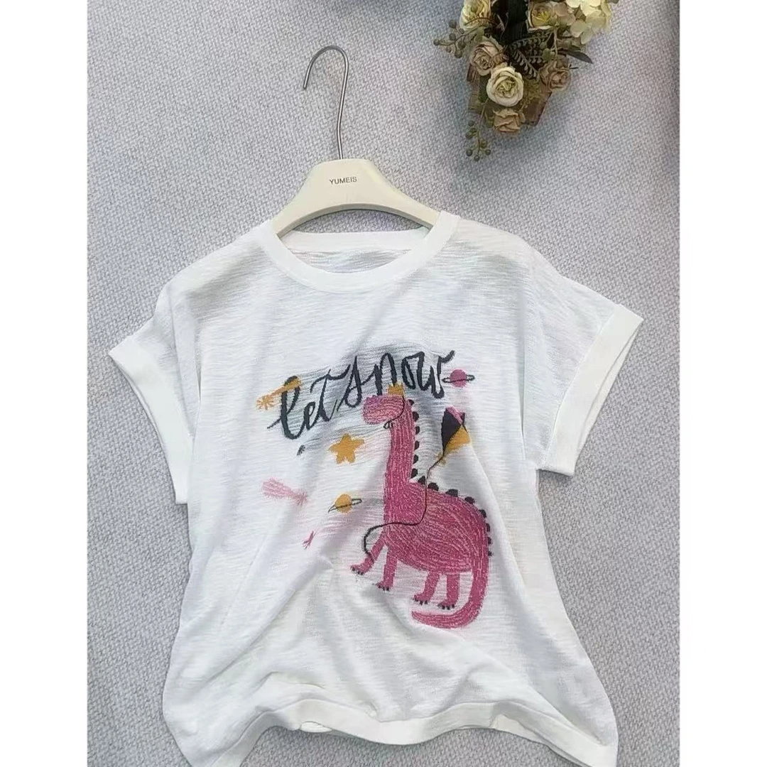 丽丽家~恐龙短袖白色针织休闲夏季印花卡通上衣279
