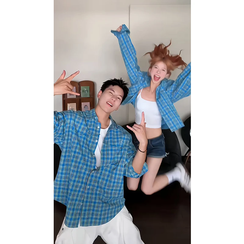 美式蓝绿色格子长袖衬衫男秋季复古流苏设计感情侣衬衣高级感外套