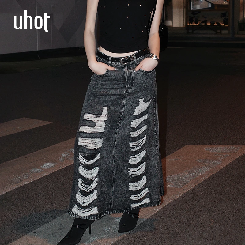 UHOT 深灰色破洞烫钻黑色网布经典优雅开衩A字牛仔半裙UWWR1Q618M