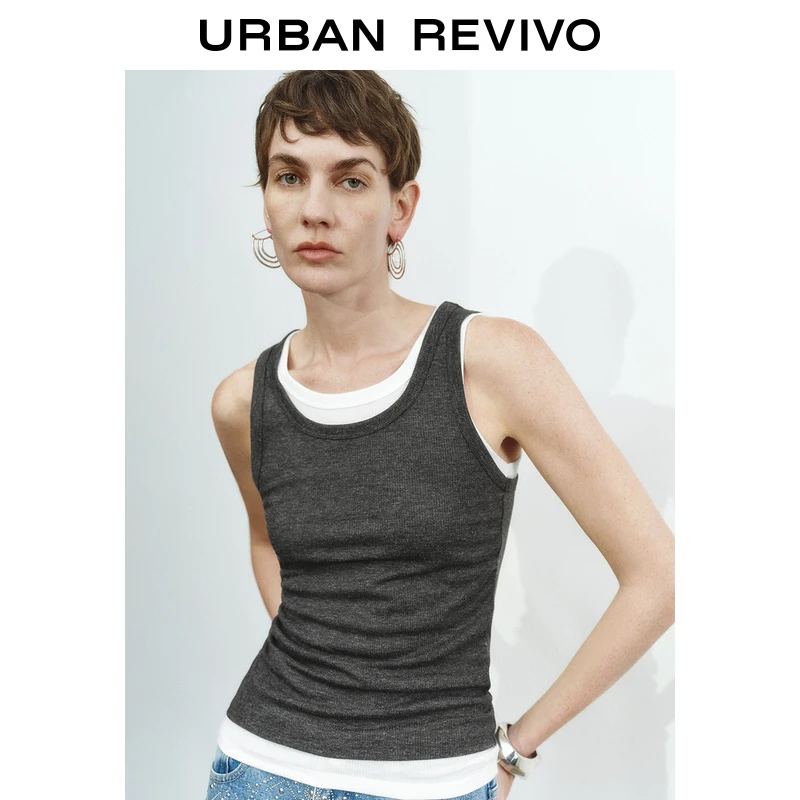 UR2025春季新款女装欧若风撞色拼接假两件修身无袖背心UWM450037