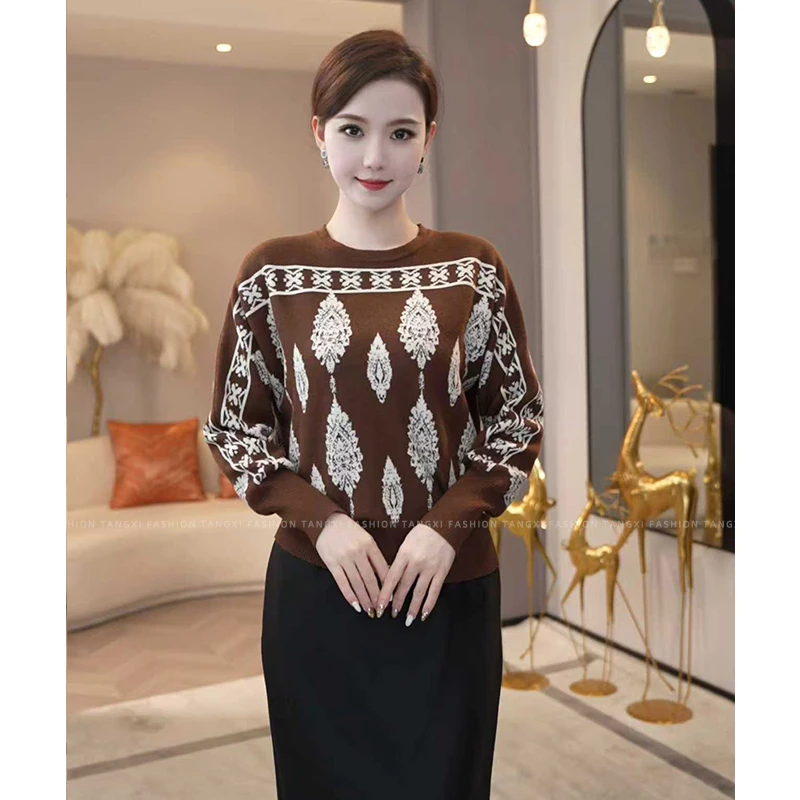 2026秋冬新款【JR-02】醋酸天丝羊毛慵懒咖色圆领宽松针织衫毛衣