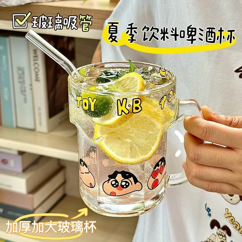 新款蜡笔小新印花玻璃杯ins风卡通水杯果汁咖啡大容量杯子可爱家