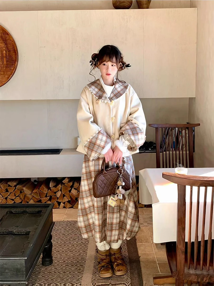 【赠送小熊发夹】2025新款秋冬短款毛呢外头+格纹半身裙两件套8366