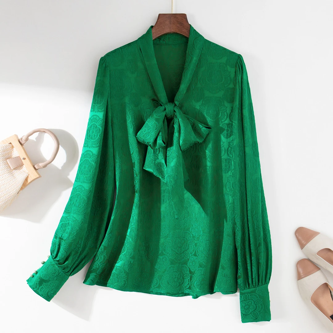 【桑蚕丝】春夏长袖系带蝴蝶结飘带长袖气质提花女式衬衫  3002