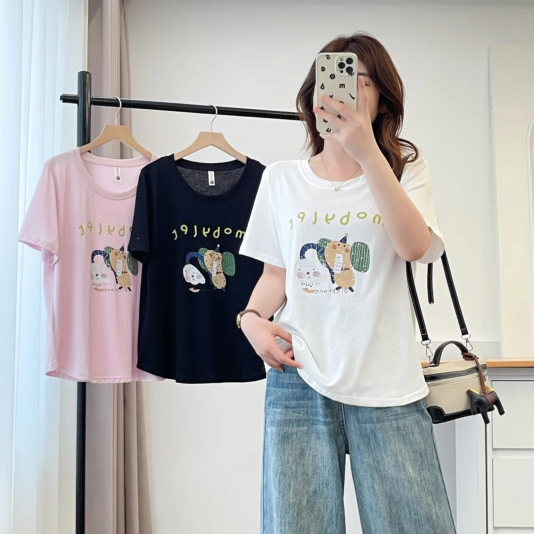 大码胖mm夏季新款韩系百搭卡通减龄印花T恤女宽松显瘦薄款上衣潮