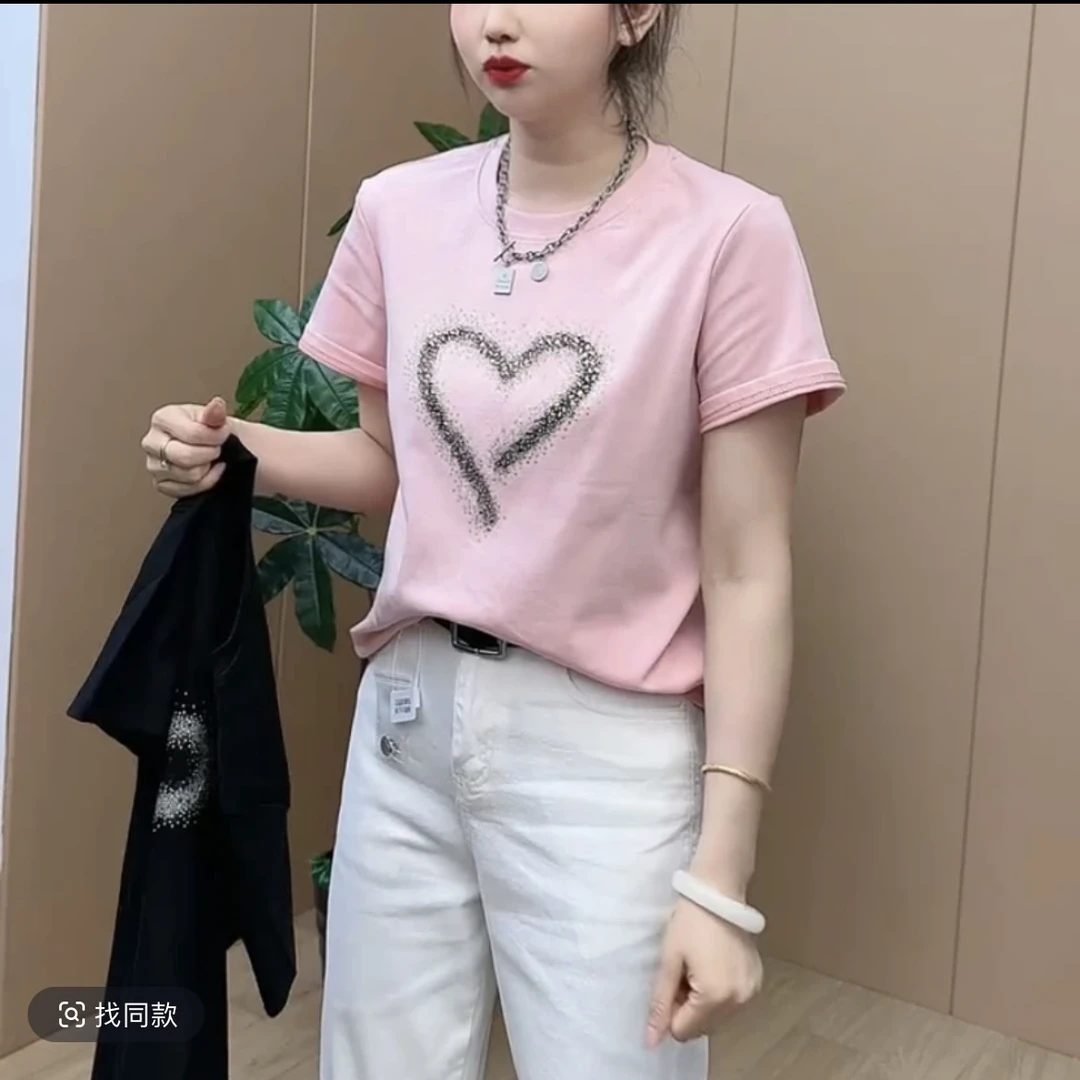 T恤女新款2025夏季爱心烫钻圆领设计感时尚短袖百搭显瘦上衣小衫