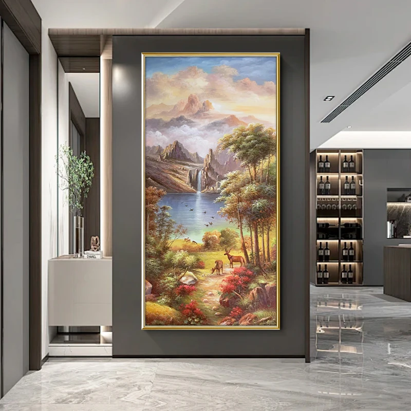 手绘油画玄关挂画聚宝盆福鹿风景油画美式客厅装饰画简约轻奢壁画