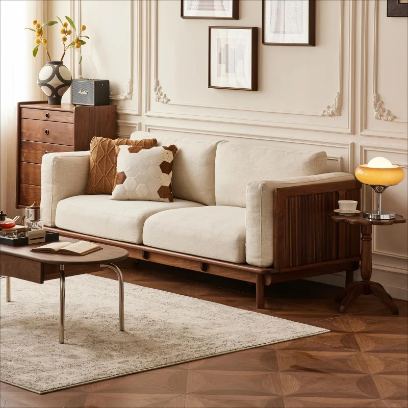 北美黑胡桃木沙发法式复古实木三人位客厅中古沙发可拆洗布艺2.8m