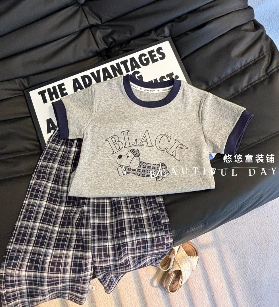 2025夏季新款儿童套装撞色小狗上衣百搭蓝格裤两件套