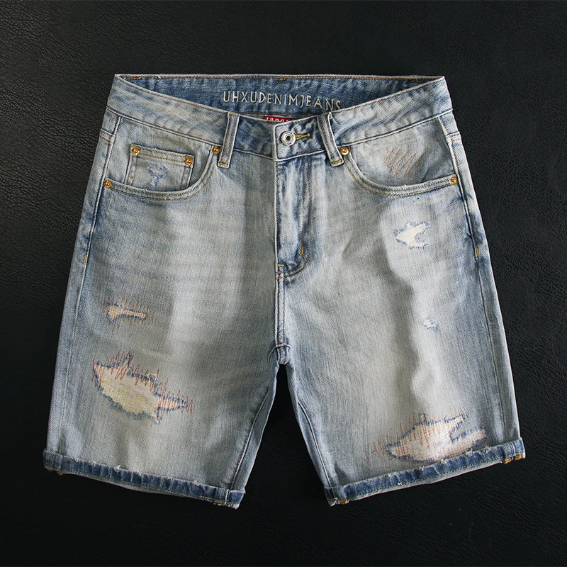 破洞补丁浅蓝色牛仔短裤男棉质感时尚潮流中裤高端夏季透气五分裤