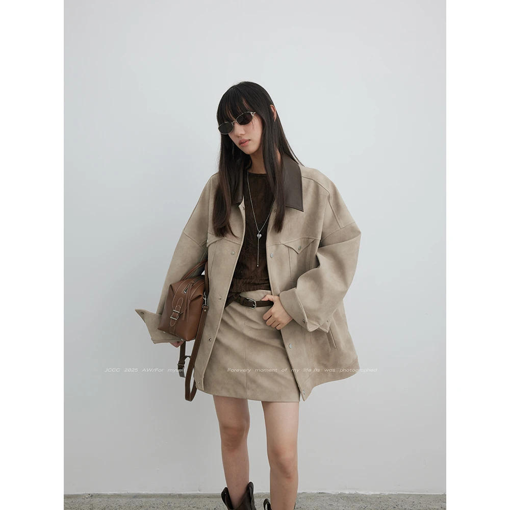 JCCC影子【水泥未干】瓦灰色PU皮晕染巴恩夹克外套短裙套装JE5DPZ10