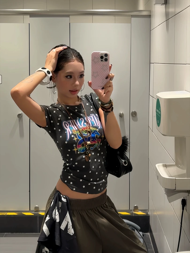 美式复古星星满印个性短袖T恤夏季辣妹修身正肩显瘦上衣＃5511