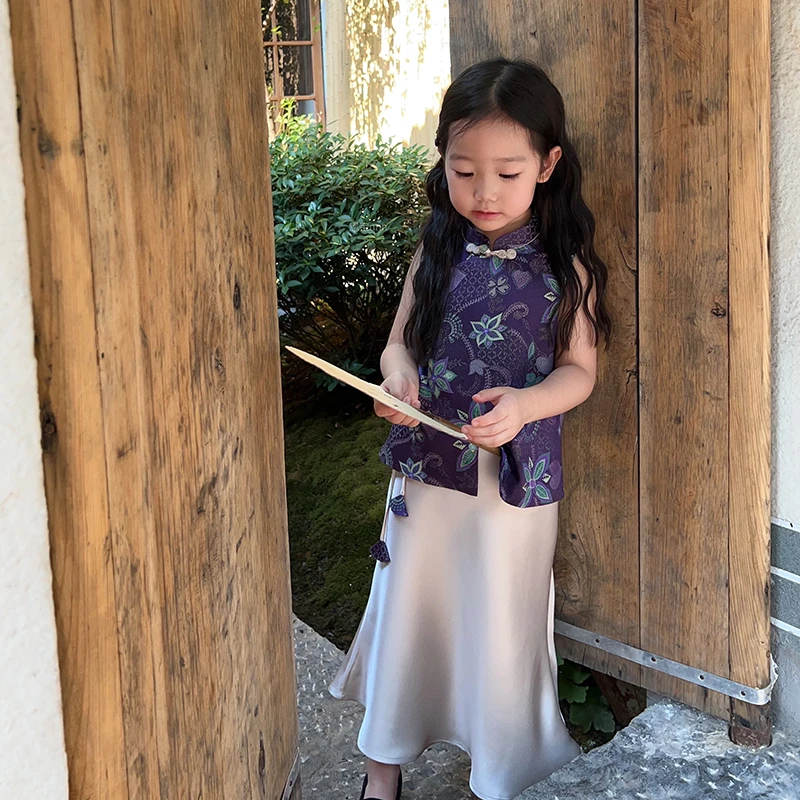 现货）女童国风早春季新中式森系马甲服装缎面半身裙紫色马甲