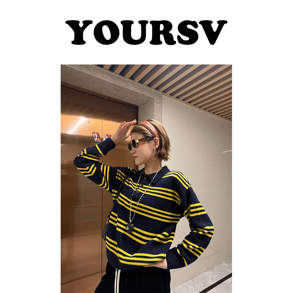 【YOURSV】「加州阳光」秋季时尚休闲条纹羊毛衫设计师款翻领羊毛上衣