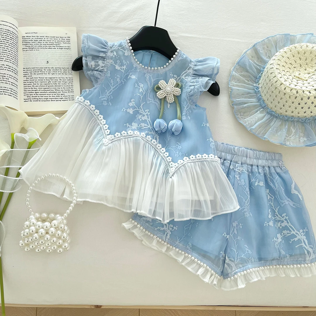 【现货】女童夏季学院风套装衬衫领两件套女宝校服灯笼裤SA30124