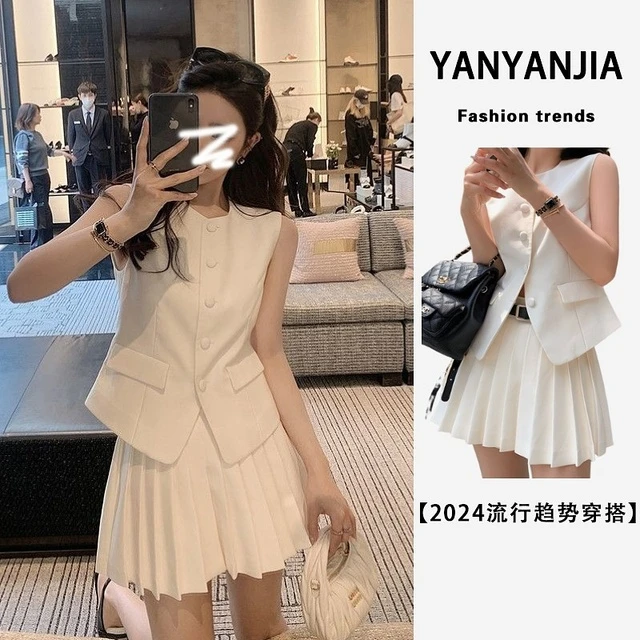 夏季2025新款时尚套装高级感名媛无袖西装马甲显瘦百褶短裙两件套