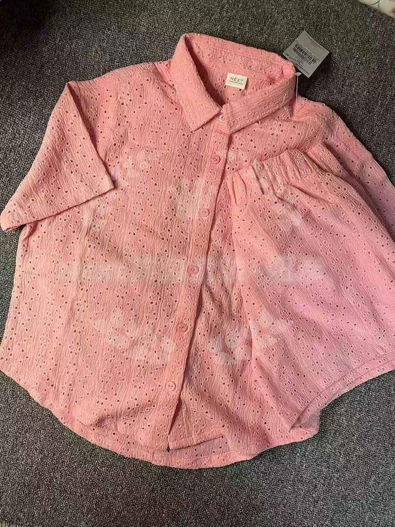特价现货英国Next正品大童夏季粉色刺绣短袖衬衫短裤套装