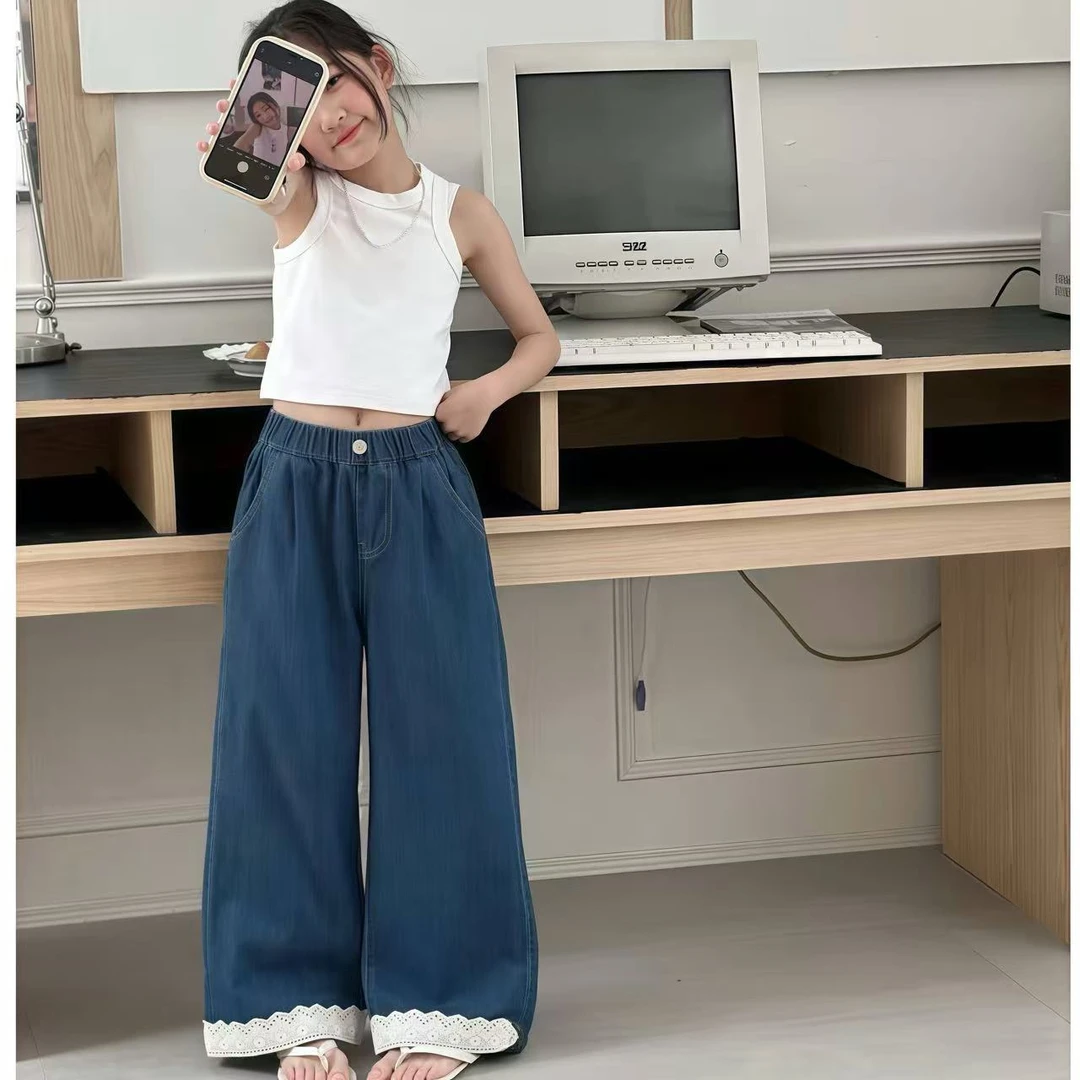 女童裤子夏季薄2025新款夏装女孩大童洋气绣花直筒阔腿儿童牛仔裤
