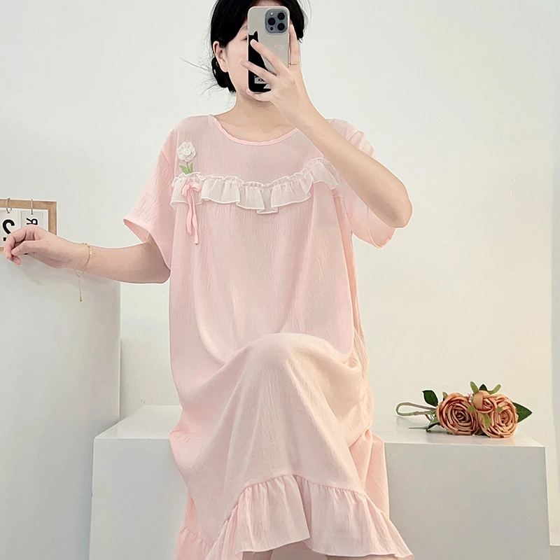 中长款睡裙女夏季天短袖棉质甜美可爱少女公主风长裙睡衣女家居服
