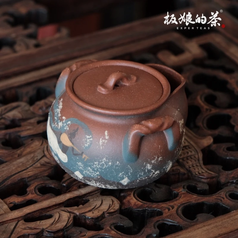 板娘的茶宜兴全手工五彩紫砂泥绘敦煌·飞天琵琶紫砂壶容量135ml