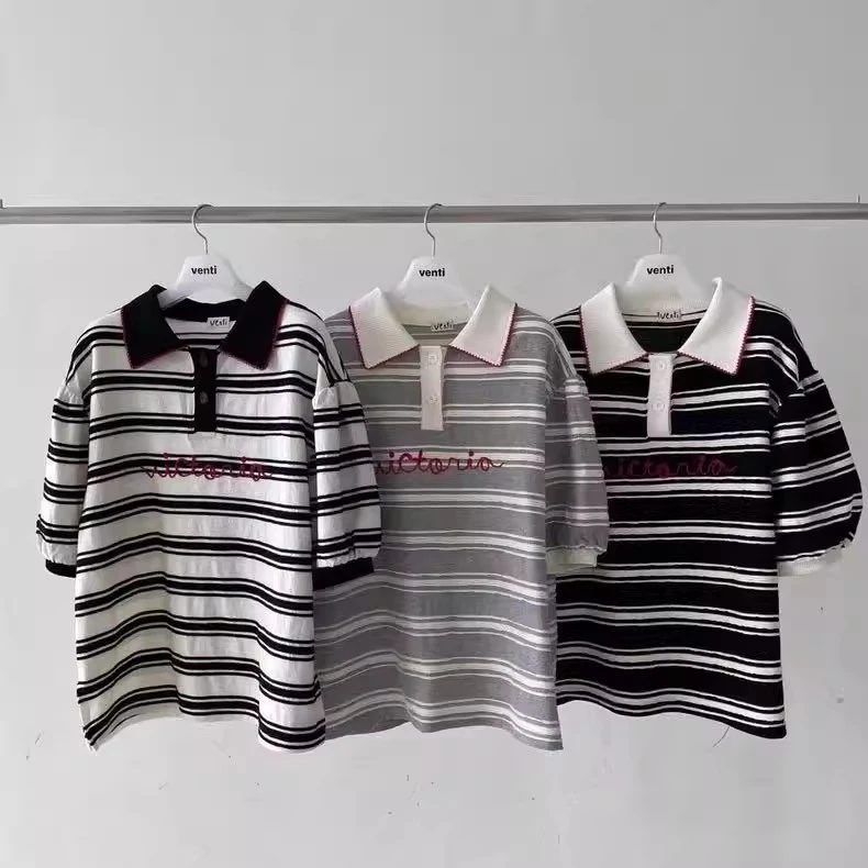 泡菜 venti 2025夏新款polo领条纹宽松短袖T恤