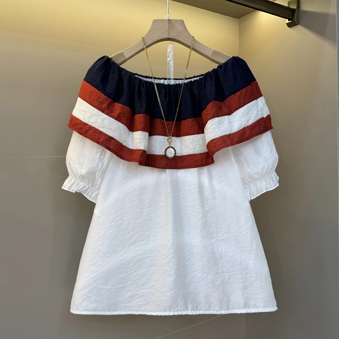 欧洲站2025一字肩撞色荷叶领小众设计泡泡袖娃娃服版减龄上衣810