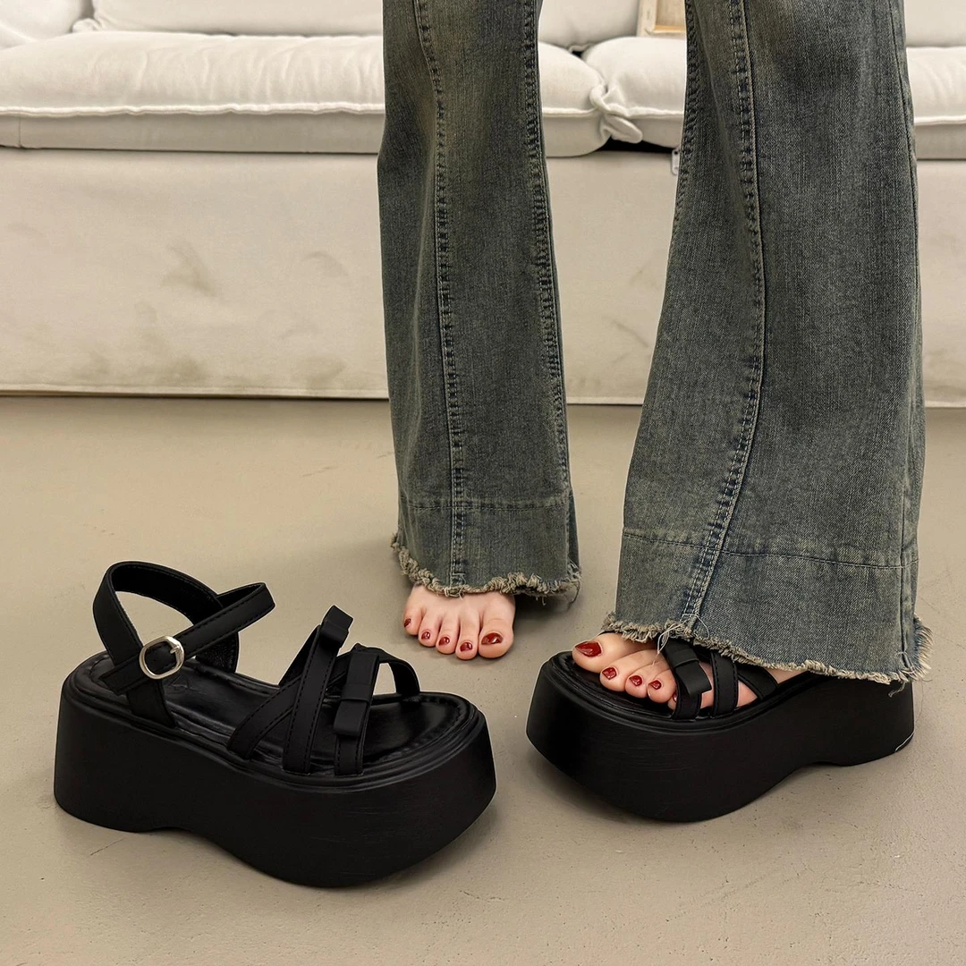 M01法式韩系厚底增高凉鞋女夏外穿时尚2025爆款新款配裙子坡跟鞋