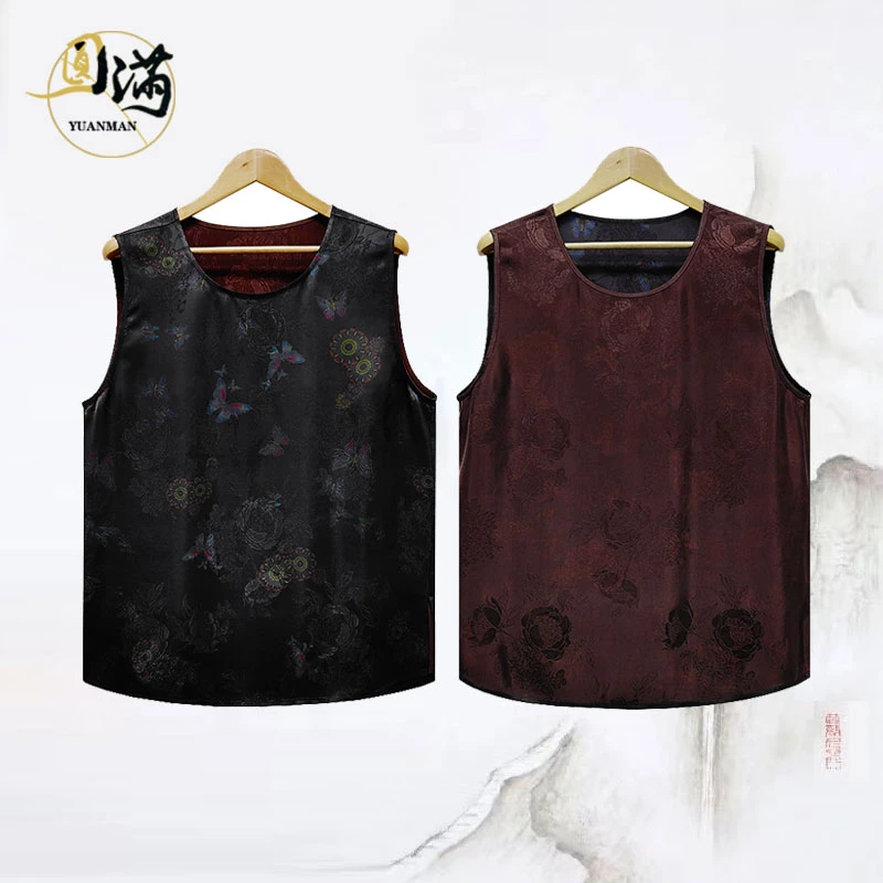 [圆满香云纱]桑蚕丝红云纱花萝黑蓝撞色蝴蝶双穿背心BX5619