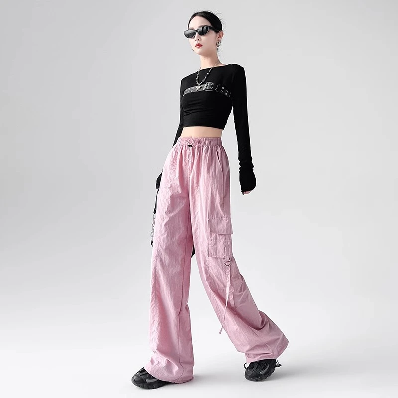 时尚工装裤女春夏2025新款高腰宽松休闲直筒阔腿美式小个子运动裤