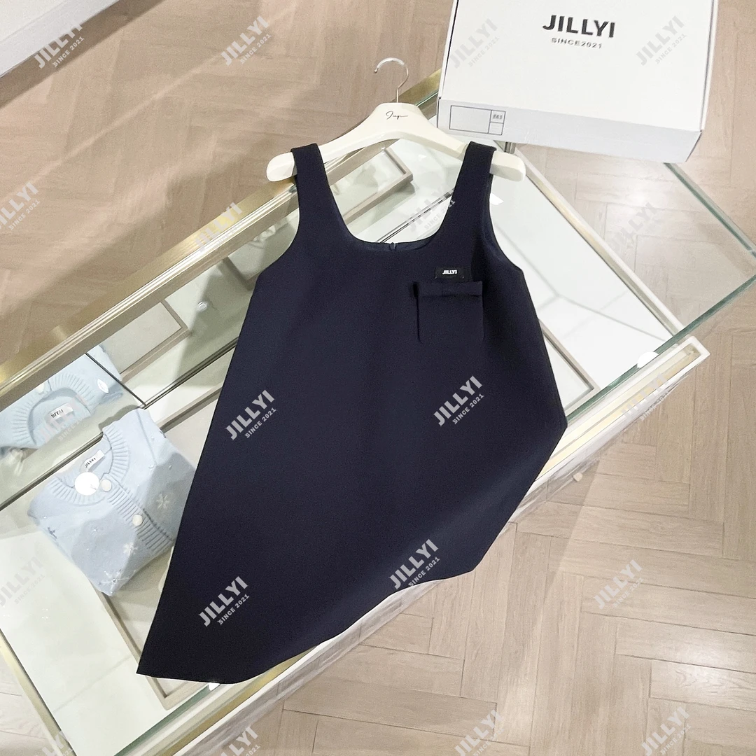 JILLYI【奇迹深蓝】藏蓝色圆领纯色百搭连衣裙休闲时尚