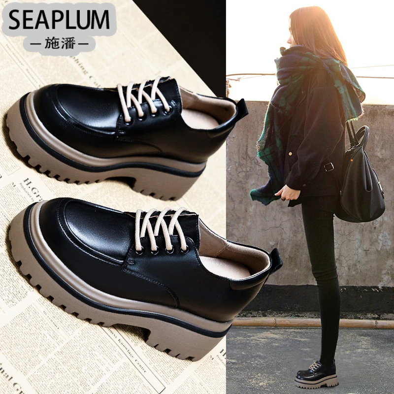 SEAPLUMins真皮小皮鞋2025新款黑色百搭单鞋厚底乐福鞋子内增8