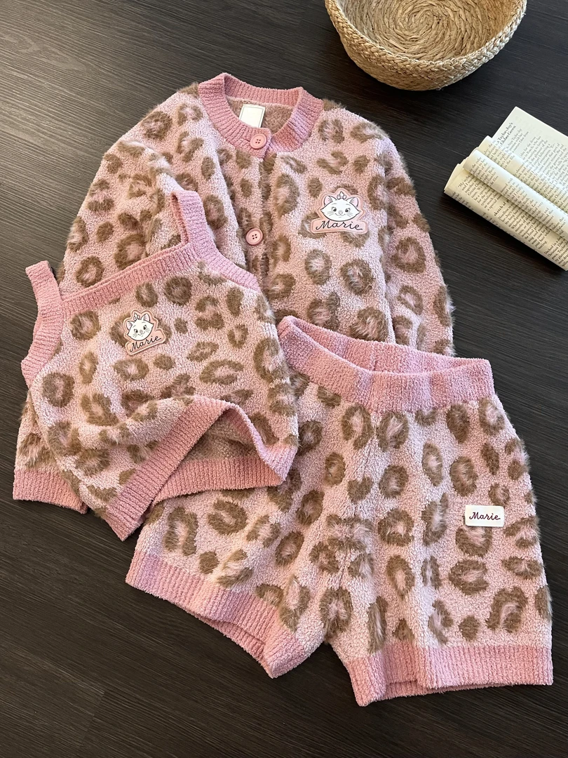 【DMXJ大梦想家】韩系豹纹卡通半边绒睡衣女冬加绒针织家居服三件套