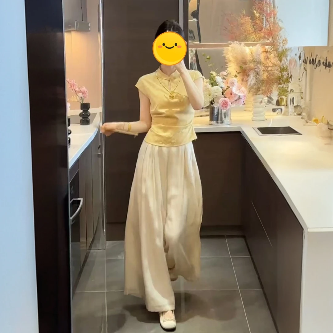 2025新中式国风新款盘扣衬衫上衣修身显瘦高级感百搭阔腿裤两件套