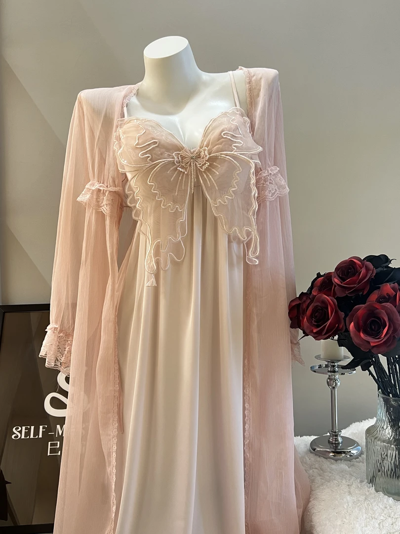 蝴蝶中长款透气纯色秋冬法式轻奢睡衣睡裙蕾丝带胸垫睡衣睡衣套装