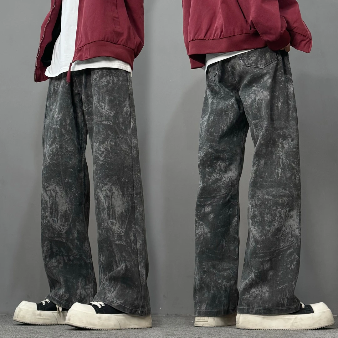 水洗扎染迷彩牛仔裤男春秋设计感痞帅裤子美式高街宽松显瘦直筒裤