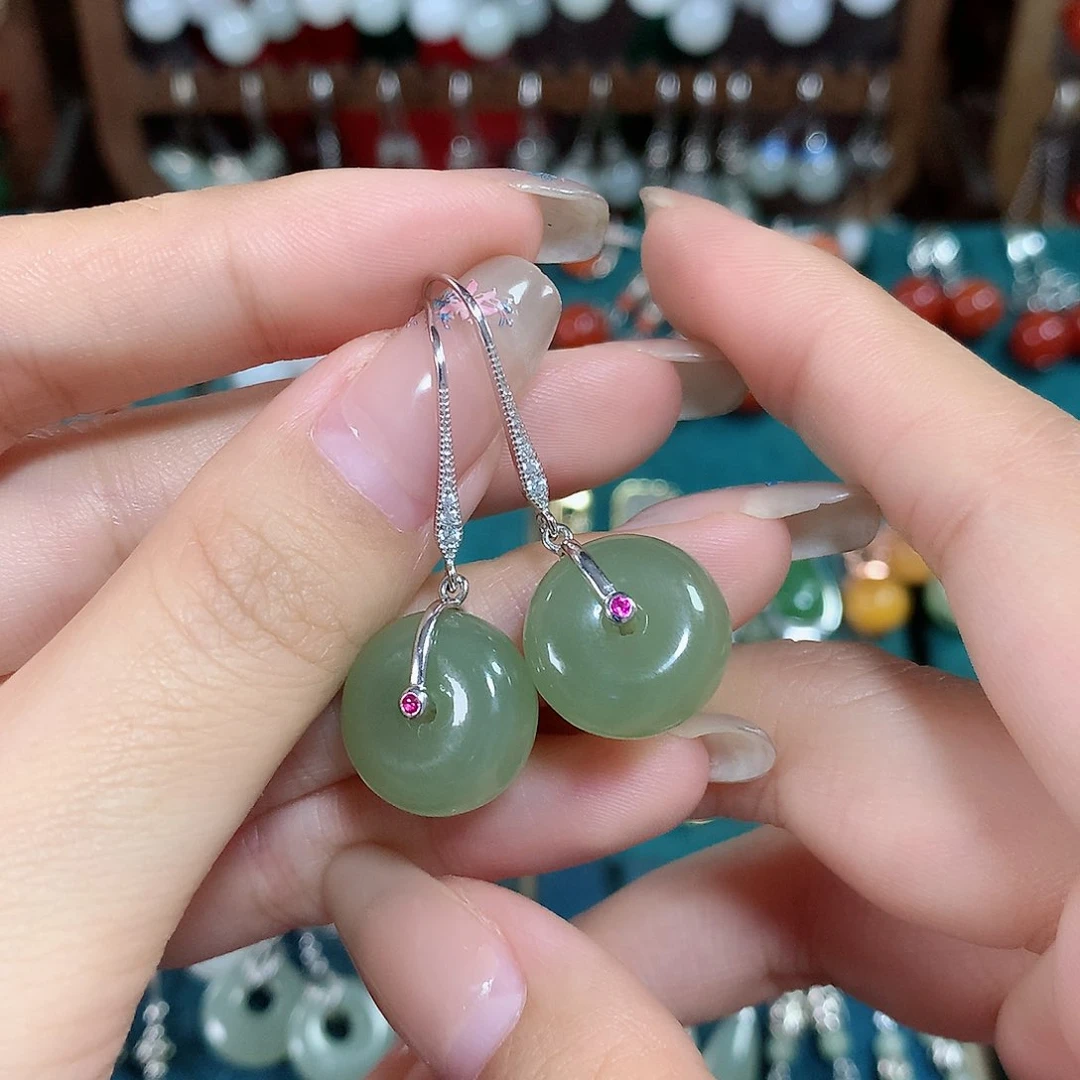 和田玉耳饰银S925镶嵌15*7+左右