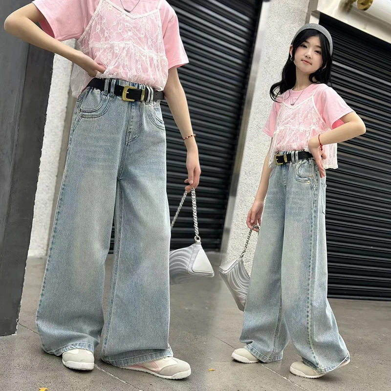 2025新款女童浅色牛仔裤春夏洋气直筒阔腿裤儿童大童宽松牛仔长裤