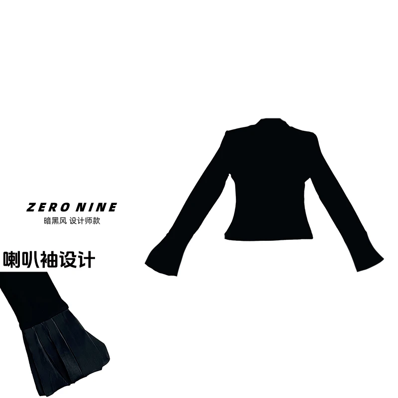 Dan Dan 黑色性感方领喇叭袖长袖T恤女 挂脖设计设计感上衣