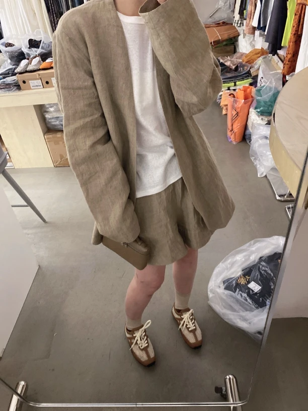 炫色设计师款色织亚麻西装外套短裤套装