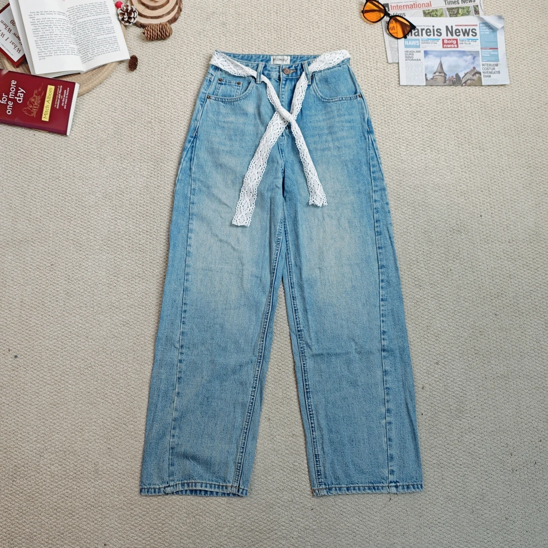 205春季新款纯色洗水配蕾丝腰带阔腿裤休闲裤牛仔裤9675
