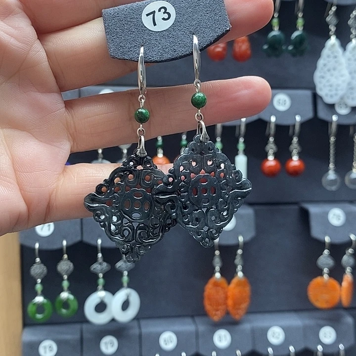 一***阳翡翠银S925镶嵌耳饰