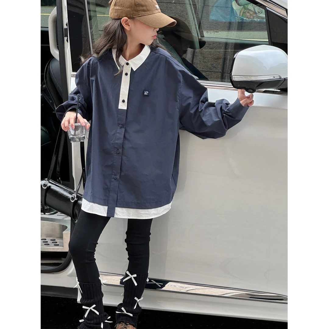 K29674孙小美假两件女童秋装衬衫2025新款儿童外套女大童春秋上衣