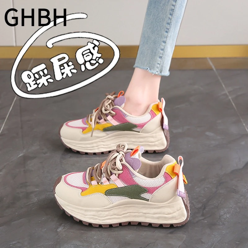 女鞋2025新款春季网面超火阿甘运动鞋厚底轻便小众设计拼色老爹鞋